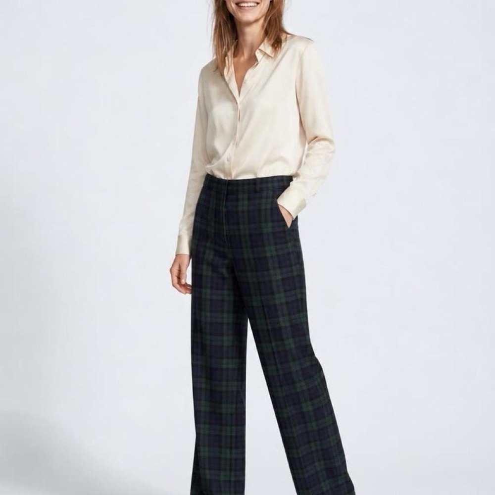 Brandy Melville Navy Green Tartan Plaid Straight Leg Trousers